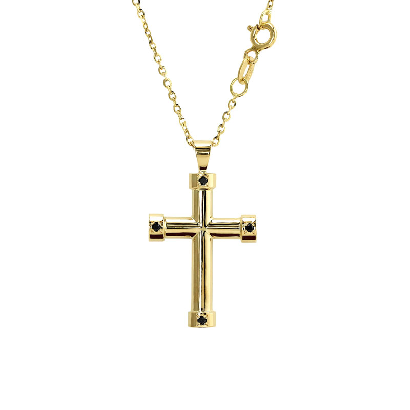 Pandantiv cruce cu lant din aur galben 18K cu 0,08 ct diamante negre
